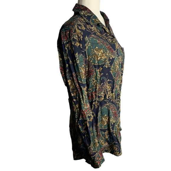 Vintage 90s Button Down Paisley Shirt S Navy Blue Collared Pocket Long Sleeves - Picture 5 of 6